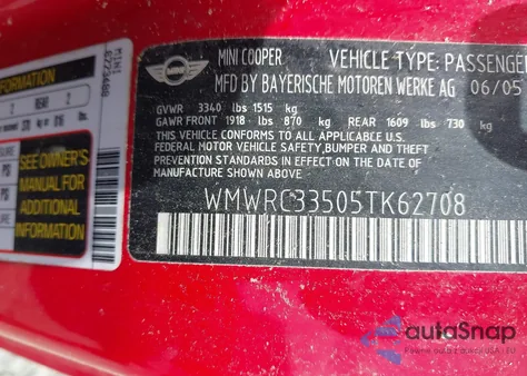 2005 Mini Cooper из США, поврежденный, VIN WMWRC33505TK62708